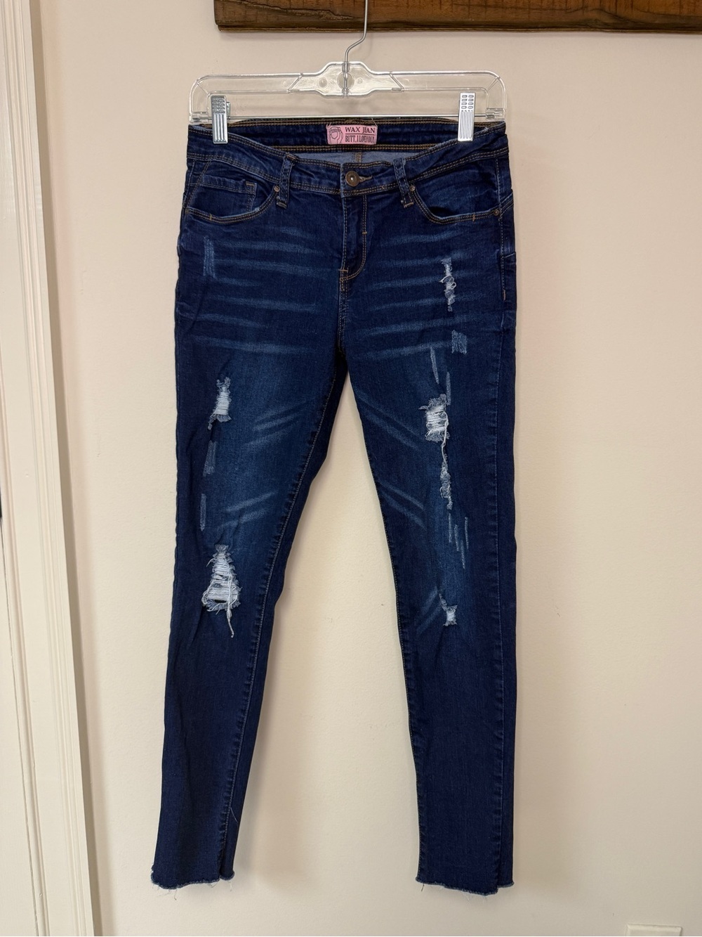 Wax Jean: Women’s / Junior Distressed Skinny Jean, Dark Blue, Size 7